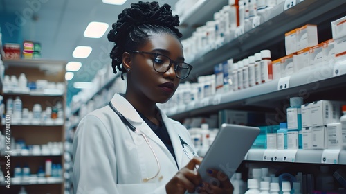 The pharmacist checks the medication on the tacheped, black woman