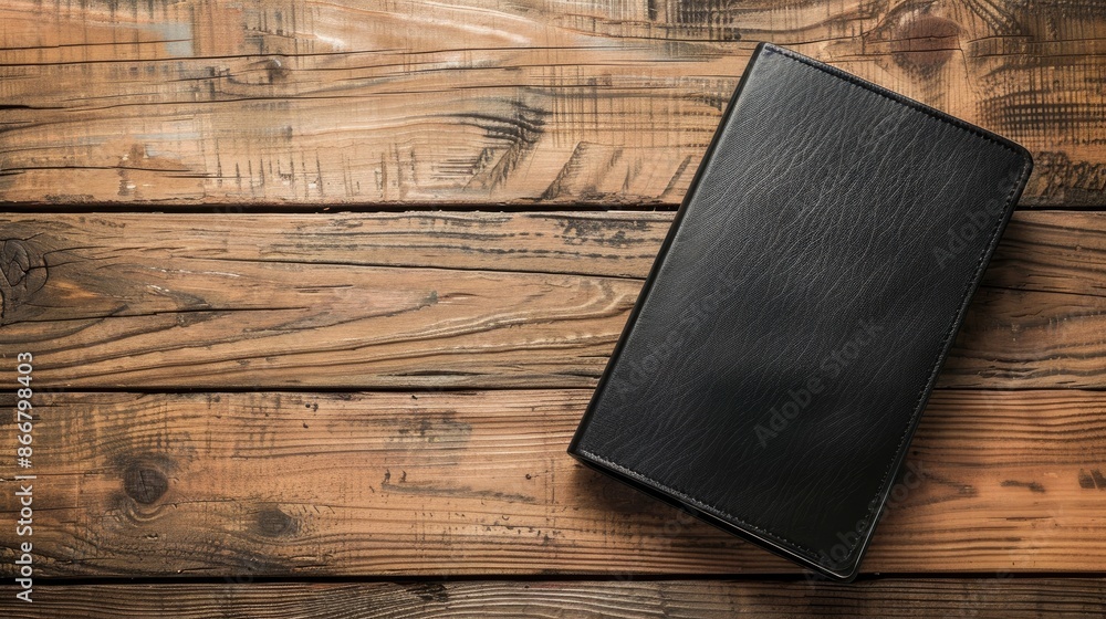 Black leather notebook on brown wooden desk flat lay with space for text Black leather notebook on brown wooden desk flat lay with space for text