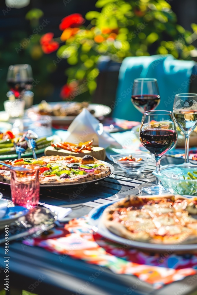 In the comfortable atmosphere of the American backyard, the backyard dinner party, the table has rich food, pizza, steak, Image for cafe menu, Banner In the comfortable atmosphere of the American backyard, the backyard dinner party, the table has rich food, pizza, steak, Image for cafe menu, Banner