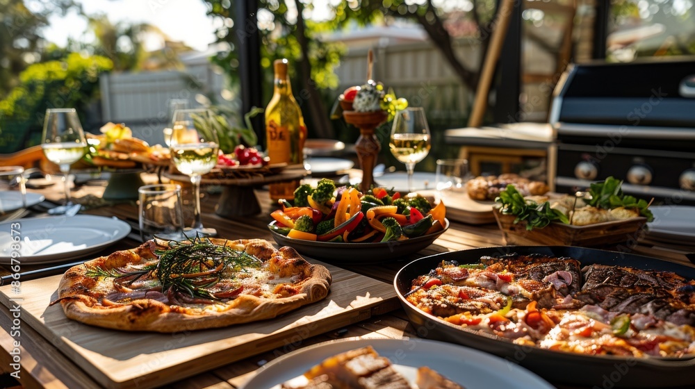 In the comfortable atmosphere of the American backyard, the backyard dinner party, the table has rich food, pizza, steak, Image for cafe menu, Banner In the comfortable atmosphere of the American backyard, the backyard dinner party, the table has rich food, pizza, steak, Image for cafe menu, Banner