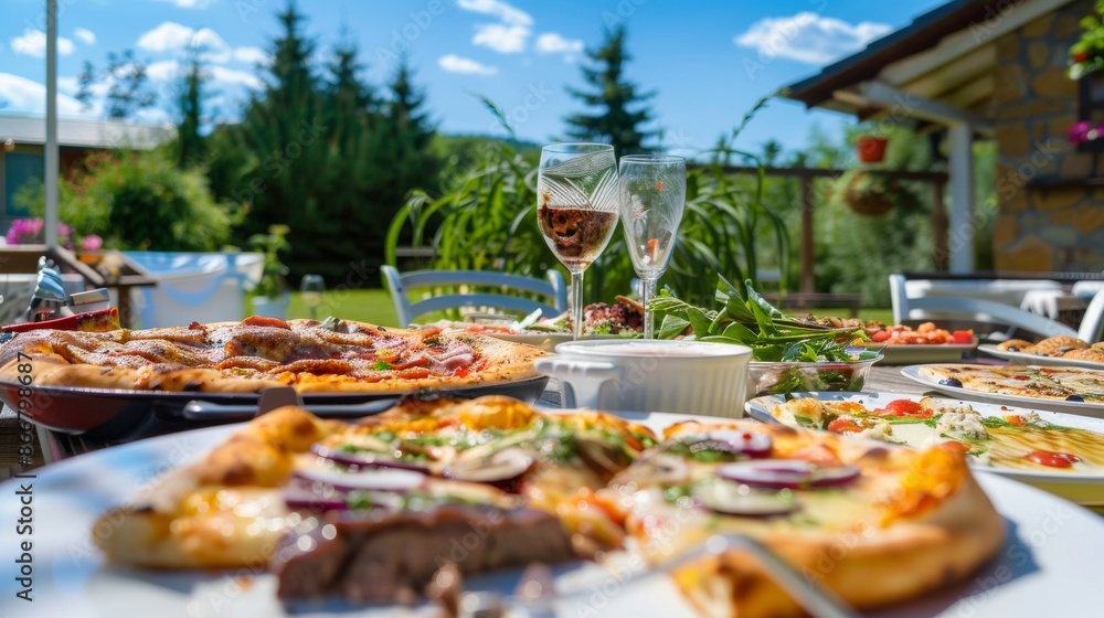 In the comfortable atmosphere of the American backyard, the backyard dinner party, the table has rich food, pizza, steak, Image for cafe menu, Banner In the comfortable atmosphere of the American backyard, the backyard dinner party, the table has rich food, pizza, steak, Image for cafe menu, Banner