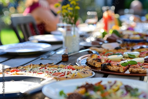 In the comfortable atmosphere of the American backyard, the backyard dinner party, the table has rich food, pizza, steak, Image for cafe menu, Banner