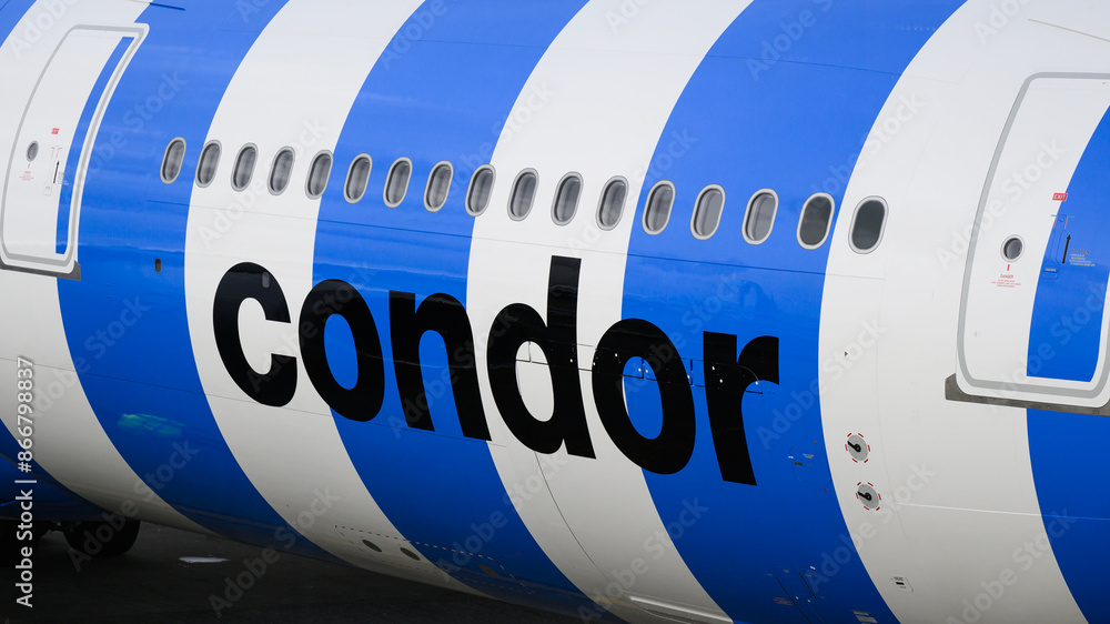 Seatac, WA, USA - March 4, 2024; Condor A330-900 aircraft in blue and ...