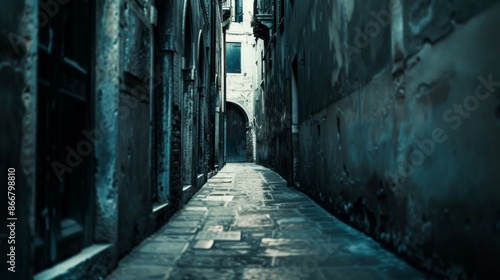 A narrow, dimly lit alleyway with weathered stone walls and a glimpse of light at the end, suggesting a path forward through an ancient and mysterious setting.