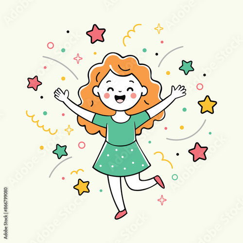 Happy girl with colorful stars and dots drawing line art illustration