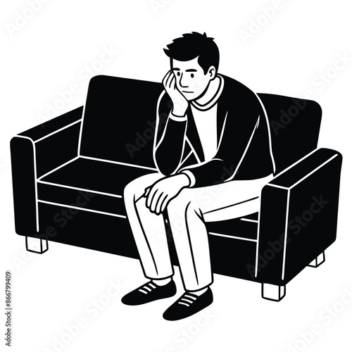Upset man sitting alone at home, depressed hispanic man on sofa in living room in casual clothes thinking about difficult decision