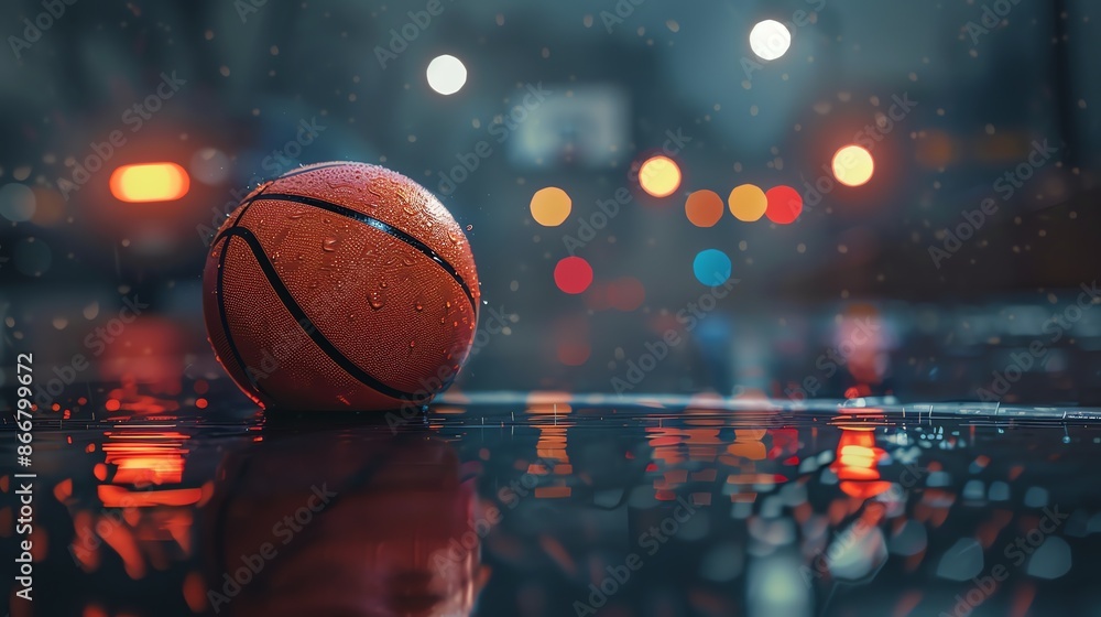 A basketball sits on a wet court, reflecting the lights of the city. The rain is falling lightly, and the ball is illuminated by a street lamp. A basketball sits on a wet court, reflecting the lights of the city. The rain is falling lightly, and the ball is illuminated by a street lamp.