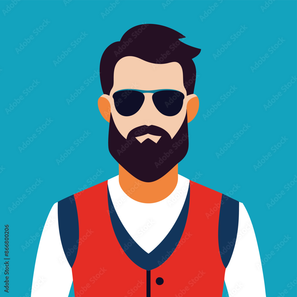 a man with a beard and mustache, wearing sunglasses and a vest over a t-shirt a man with a beard and mustache, wearing sunglasses and a vest over a t-shirt