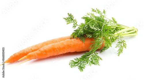 Fresh carrots with green leaves isolated on white background. Healthy eating concept. photo