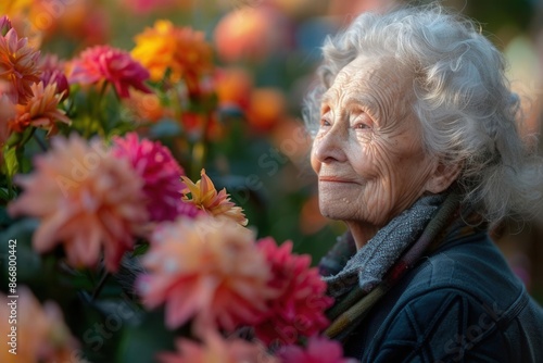 Elderly woman walking in a sunny garden