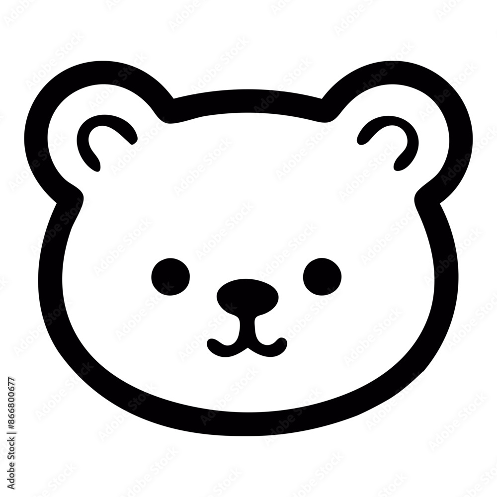 A simple black and white cartoon bear face with large eyes and ears A simple black and white cartoon bear face with large eyes and ears
