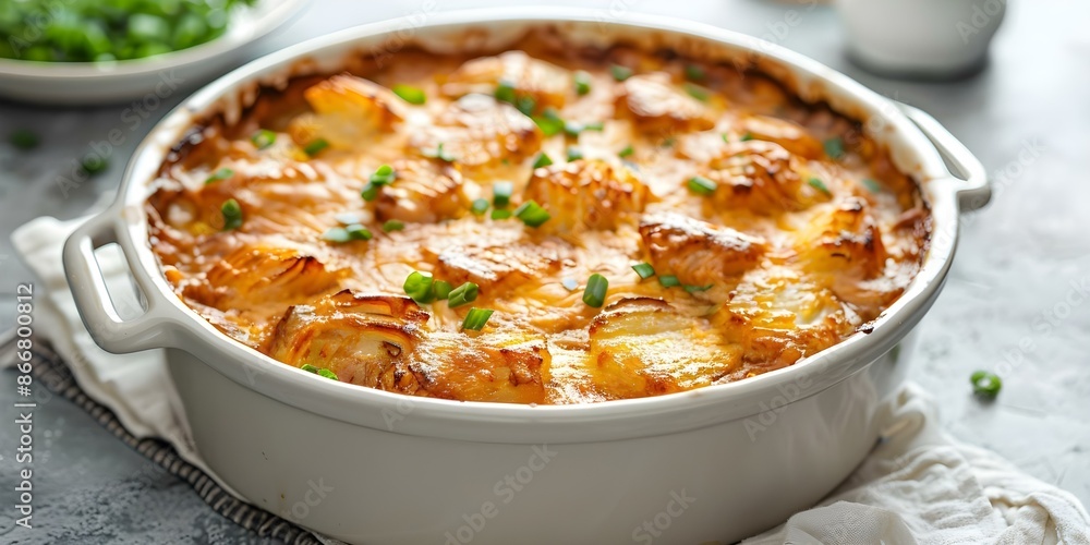 Φωτογραφία Front view of Bacalhau com Natas a Portuguese cod casserole on white background