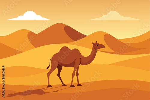 a camel walking on a sandy surface with a desert-like background