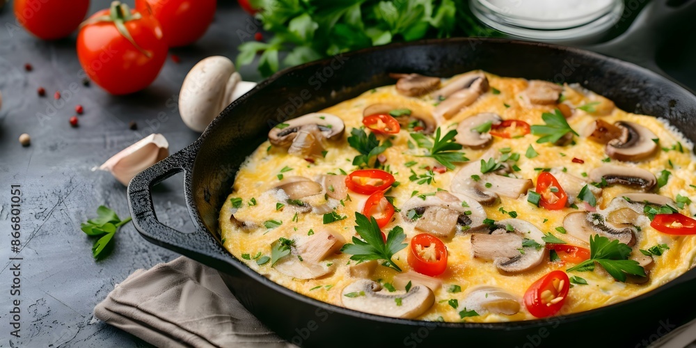 Cooking omelette with mushrooms and peppers in cast iron skillet at home. Concept Breakfast Recipes, Cooking Techniques, Cast Iron Skillet Cooking, Home Cooking, Omelette Variations Cooking omelette with mushrooms and peppers in cast iron skillet at home. Concept Breakfast Recipes, Cooking Techniques, Cast Iron Skillet Cooking, Home Cooking, Omelette Variations