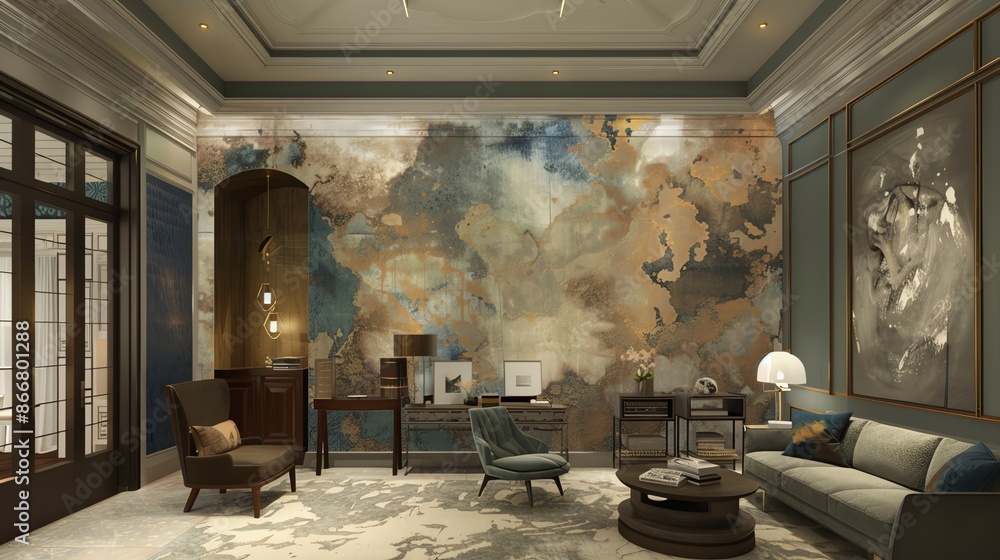 A luxurious living room with a large, abstract painting on the wall. There is a sofa, two armchairs, and a coffee table in the room. A luxurious living room with a large, abstract painting on the wall. There is a sofa, two armchairs, and a coffee table in the room.