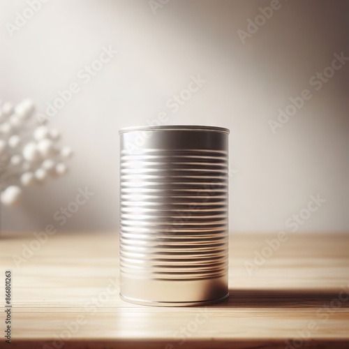 Unlabeled silver tin can on a wooden surface, perfect for versatile stock photography uses