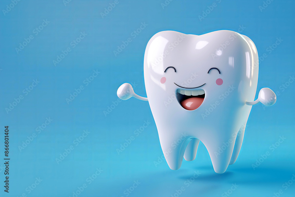 Cheerful and healthy 3D-rendered cartoon tooth character with a happy expression on a blue background. Perfect for children dental care theme, pediatric dentist promotion, oral health education. Cheerful and healthy 3D-rendered cartoon tooth character with a happy expression on a blue background. Perfect for children dental care theme, pediatric dentist promotion, oral health education.