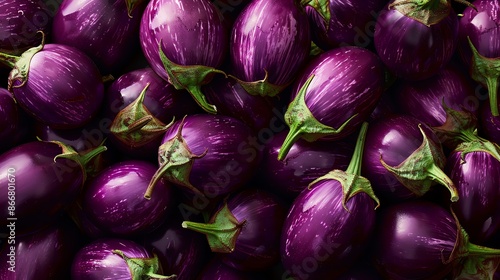 Fresh organic eggplants with green stems, close up. Purple eggplants background. photo