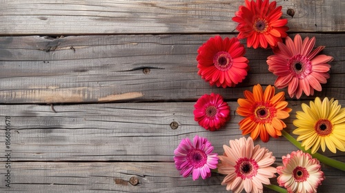 Colorful gerbera flowers on wood background with space for text