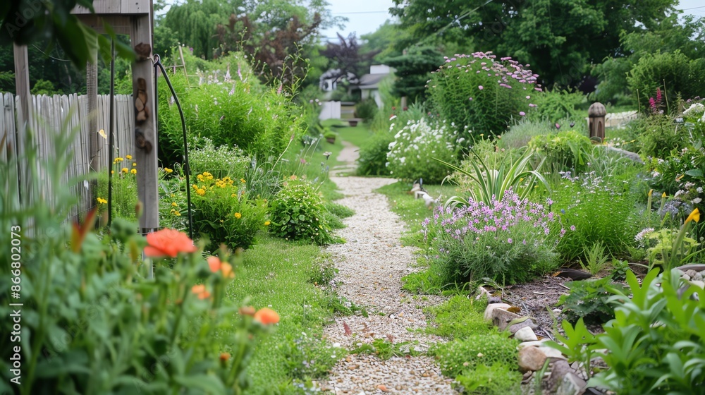 A lush garden path winds through a sea of colorful flowers and lush greenery. A lush garden path winds through a sea of colorful flowers and lush greenery.