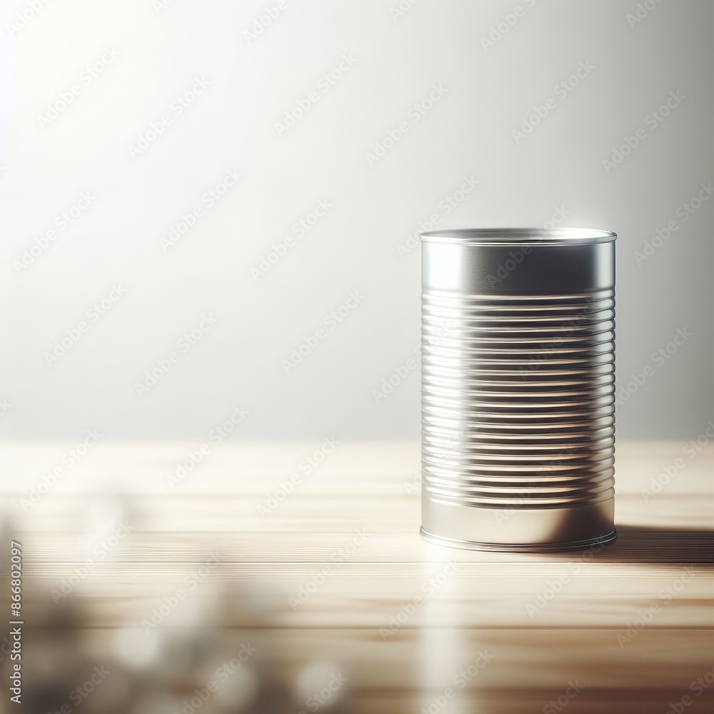 Unlabeled silver tin can on a wooden surface, perfect for versatile stock photography uses Unlabeled silver tin can on a wooden surface, perfect for versatile stock photography uses