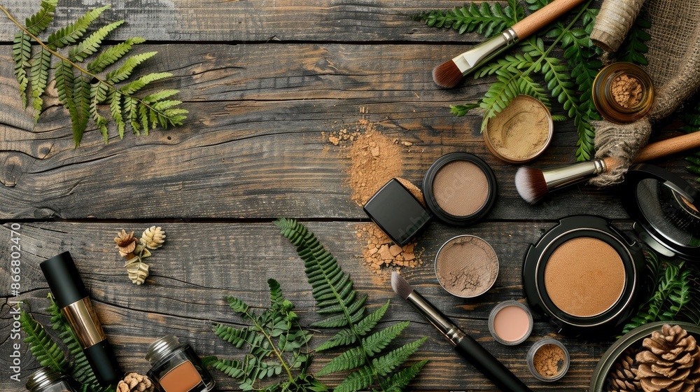 Organic makeup with natural elements on a wooden backdrop in a flat lay arrangement Organic makeup with natural elements on a wooden backdrop in a flat lay arrangement