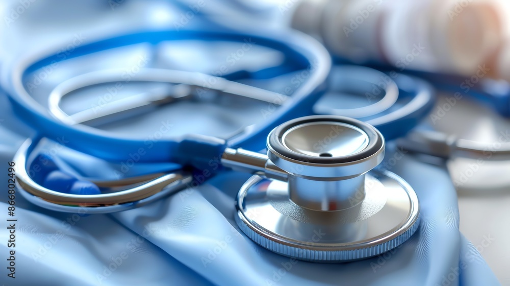 A stethoscope rests on a soft blue cloth. The stethoscope is silver and has a blue tube. The cloth is soft and has a slight sheen. A stethoscope rests on a soft blue cloth. The stethoscope is silver and has a blue tube. The cloth is soft and has a slight sheen.