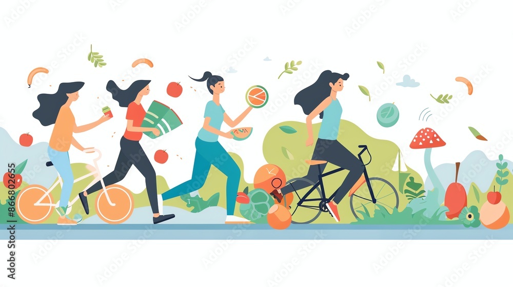 Fototapeta premium Three young women are exercising and eating healthy foods.