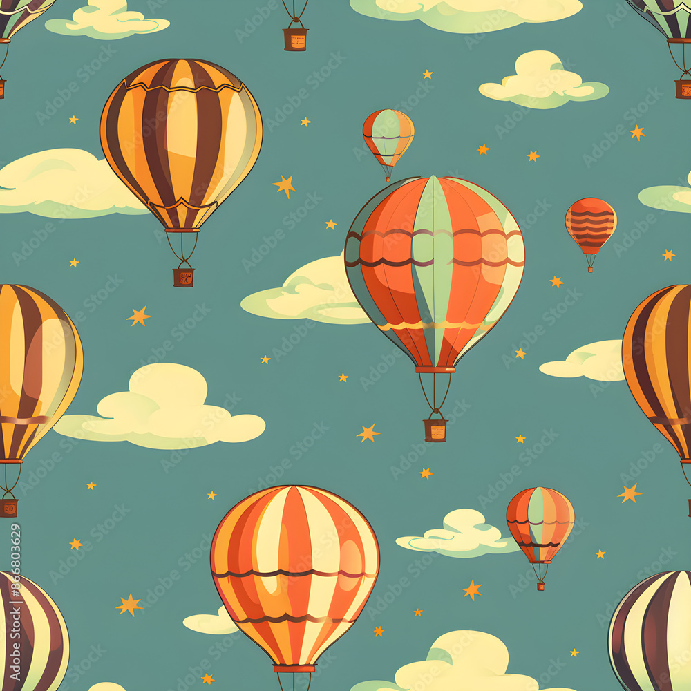 Fototapeta premium Vibrant hot air balloon pattern set against a cloudy sky, ideal for travel and adventure-inspired projects