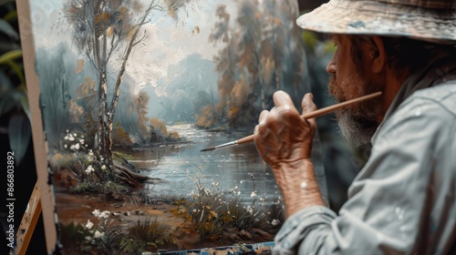 A painter with a brush in hand, creating a beautiful landscape painting on canvas.