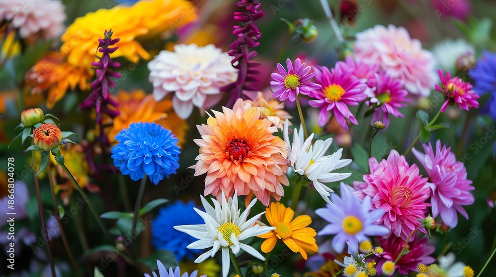 Fototapeta premium A beautiful bouquet of colorful flowers in full bloom. The perfect image for a spring or summer day.