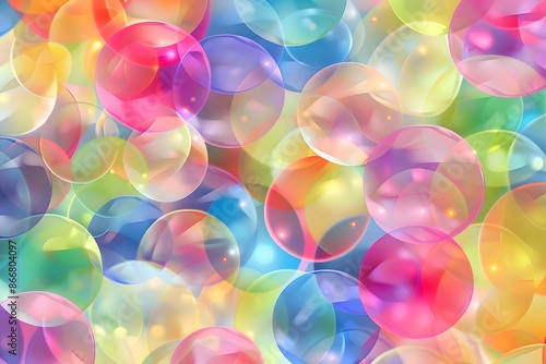 Digital illustration featuring a cluster of transparent, iridescent spheres in variety of vibrant colors