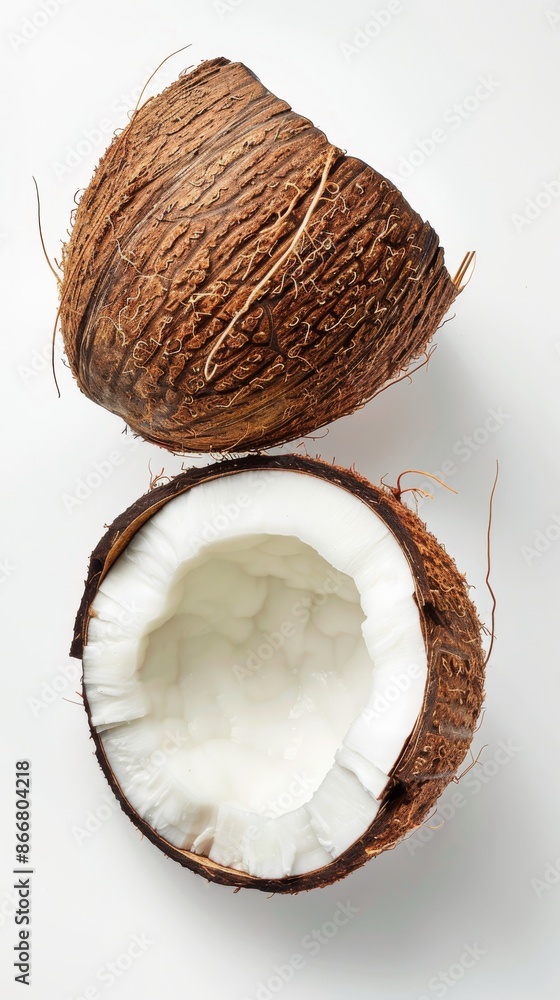Half coconut with white flesh on white background Half coconut with white flesh on white background