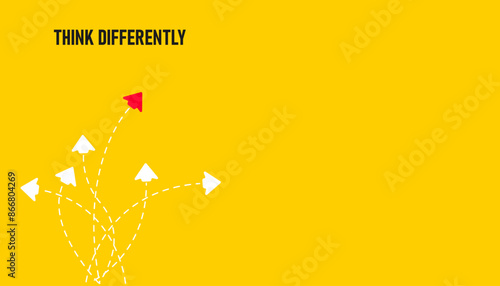 red paper plane that thinks differently than others. business creativity new idea discovery innovation technology. new year idea concept.	