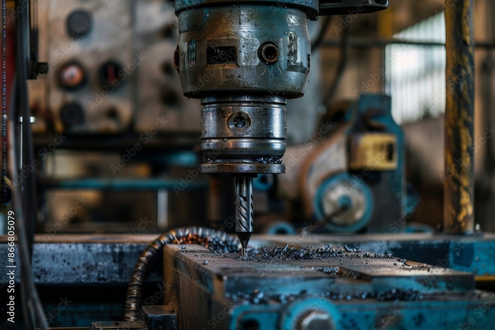 Large industrial drill press operating on a metal component, with detailed drilling and cutting tools, showcasing the strength and precision in machinery Large industrial drill press operating on a metal component, with detailed drilling and cutting tools, showcasing the strength and precision in machinery