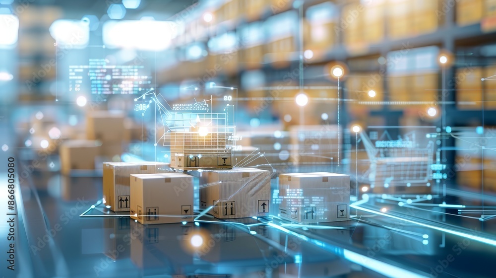 Futuristic warehouse automation with smart technology and logistics network for efficient inventory management. Futuristic warehouse automation with smart technology and logistics network for efficient inventory management.