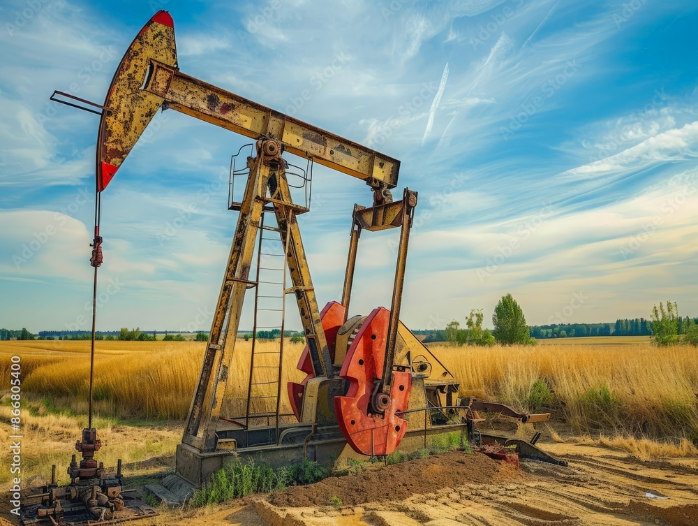 Pumpjack extracting crude oil from a well in a rural landscape, showcasing traditional oil drilling methods 