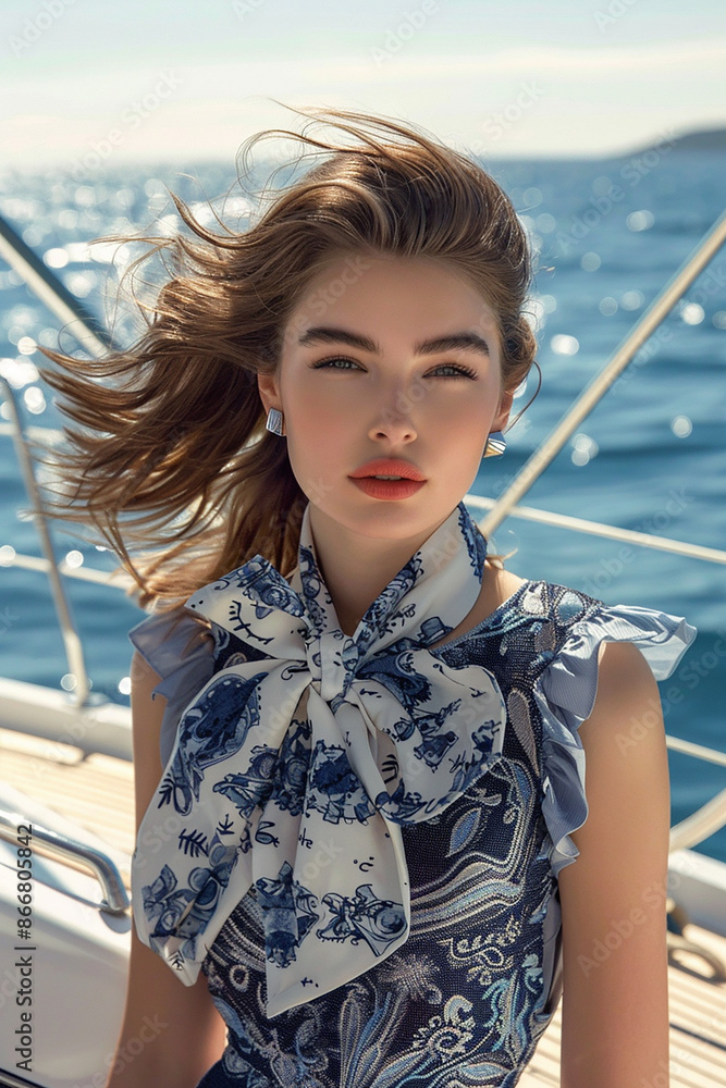 A young woman with flowing hair stands on a yacht, wearing a floral-patterned dress and a scarf, with the ocean in the background. Concept of summer fashion and luxury lifestyle. A young woman with flowing hair stands on a yacht, wearing a floral-patterned dress and a scarf, with the ocean in the background. Concept of summer fashion and luxury lifestyle.