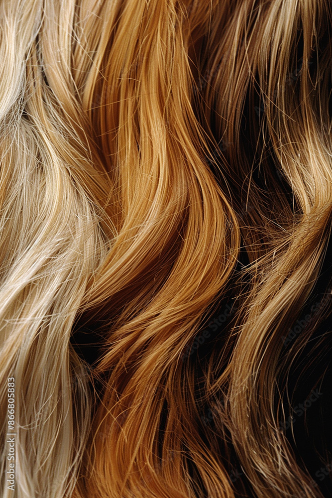 A close-up of various shades of wavy hair, from blonde to dark brown, showing texture and color variation. Ideal for beauty and haircare concepts. A close-up of various shades of wavy hair, from blonde to dark brown, showing texture and color variation. Ideal for beauty and haircare concepts.