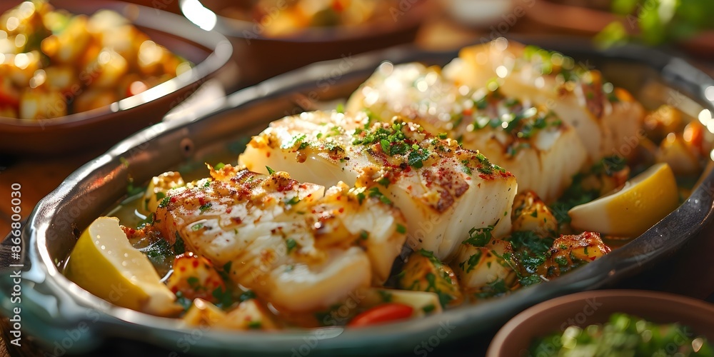 Capture the essence of Portuguese cuisine with a Bacalhau Platter food photography. Concept Portuguese Cuisine, Food Photography, Bacalhau Platter, Culinary Art, Gourmet Presentation Capture the essence of Portuguese cuisine with a Bacalhau Platter food photography. Concept Portuguese Cuisine, Food Photography, Bacalhau Platter, Culinary Art, Gourmet Presentation