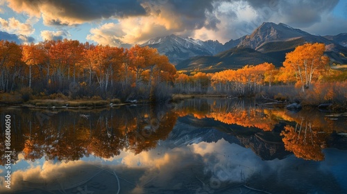 This stunning image captures beautiful autumn trees with orange leaves reflected in a calm lake, with majestic mountains in the background under a dramatic cloudy sky.