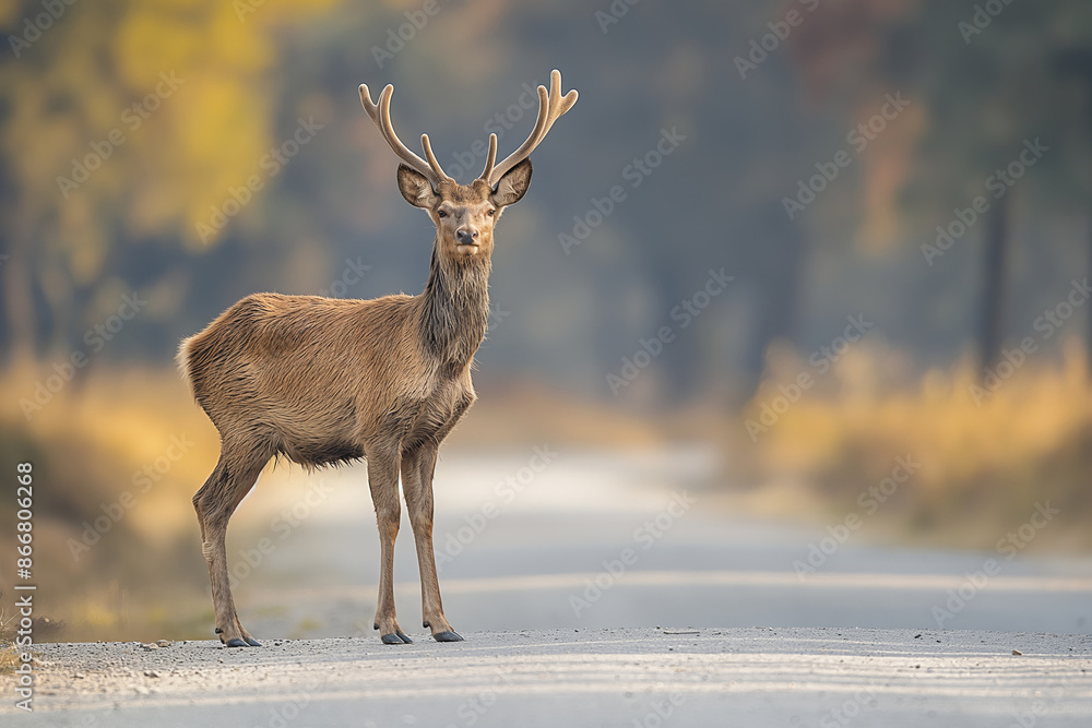 A young deer with soft antlers stands alertly on a quiet forest road, basking in the tranquility and natural beauty of its surroundings as the soft light enhances the scene. A young deer with soft antlers stands alertly on a quiet forest road, basking in the tranquility and natural beauty of its surroundings as the soft light enhances the scene.