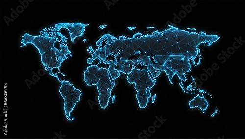 world map hologram. abstract blue wireframe world map on black background.