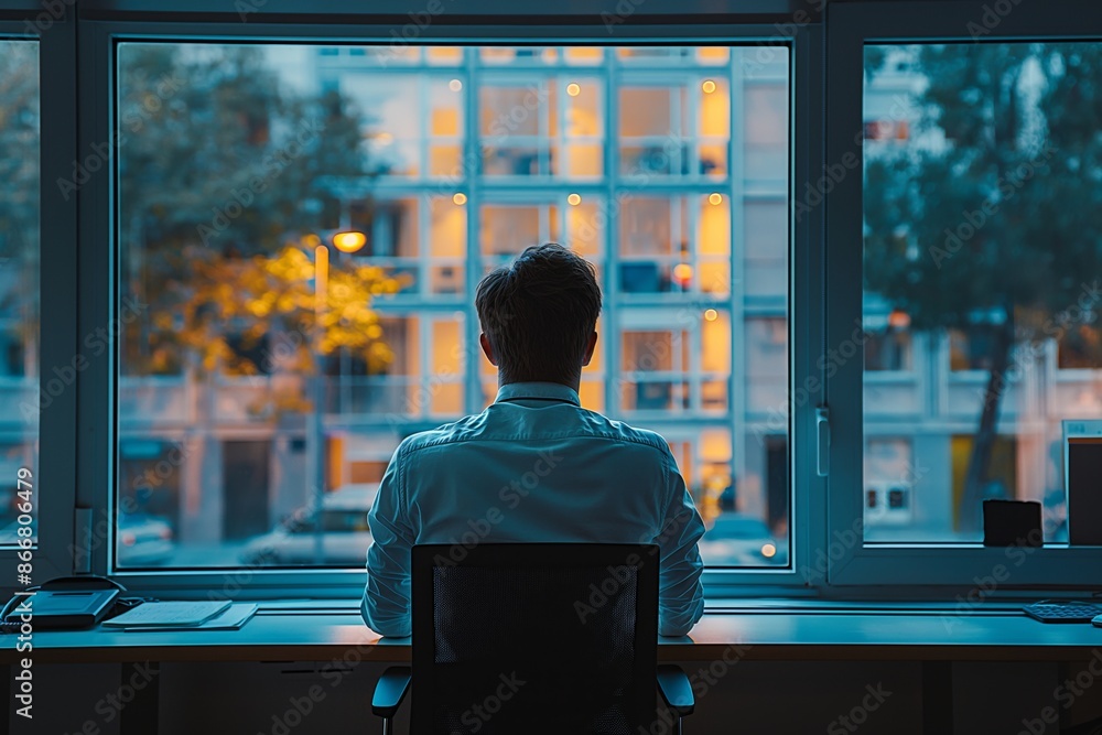 A person is seated at a desk, working or studying, with evening lights of the city visible through a large window, creating a dedicated and focused atmosphere. A person is seated at a desk, working or studying, with evening lights of the city visible through a large window, creating a dedicated and focused atmosphere.