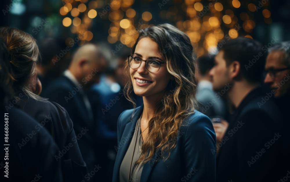 Fototapeta premium A young woman in a blue blazer smiles at someone off-camera at a bustling business event