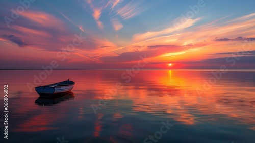 A solitary boat floats on calm waters with a stunning sunset sky filled with vibrant colors, creating a serene and peaceful atmosphere ideal for relaxation and reflection.