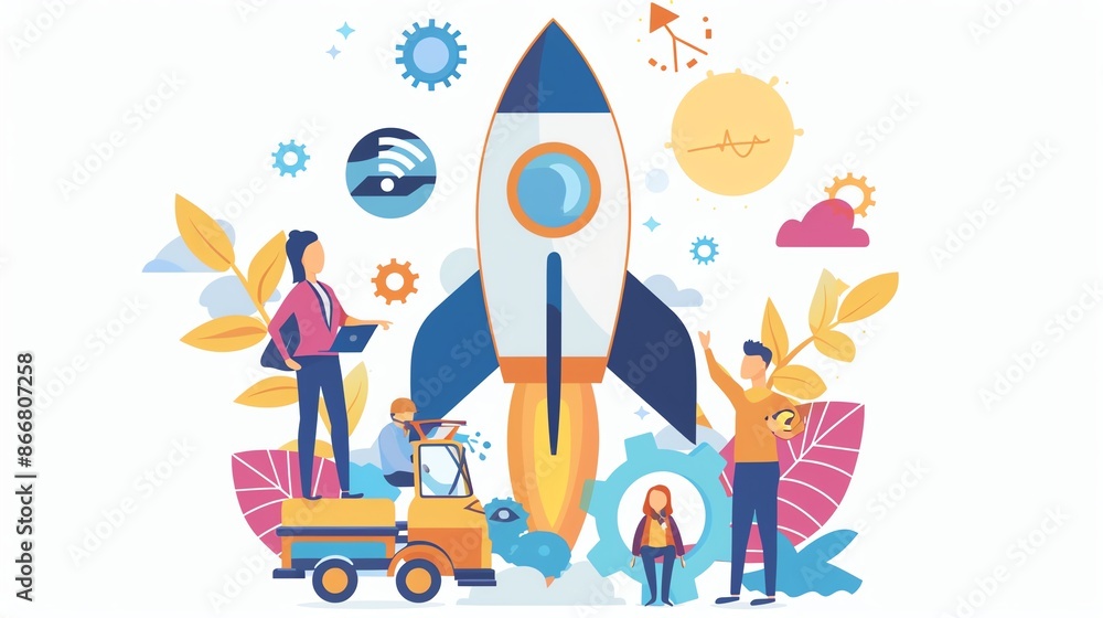A group of people are working together to launch a rocket. The rocket is surrounded by gears, which represent the different parts of the project. A group of people are working together to launch a rocket. The rocket is surrounded by gears, which represent the different parts of the project.