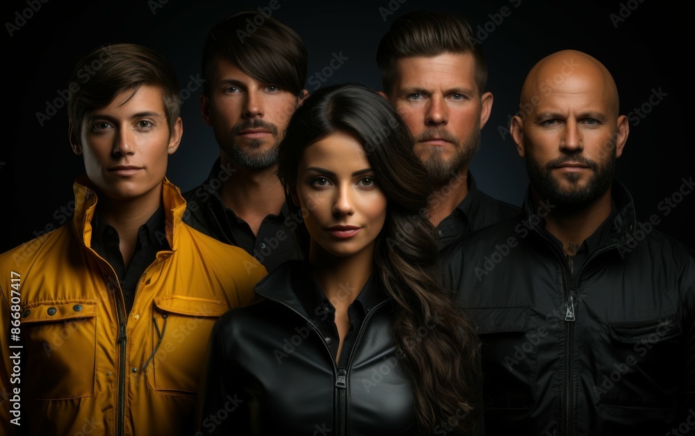 Fototapeta premium Five people - four men and one woman - stand in a dark studio, posing for profile pictures with serious expressions as the light highlights their faces