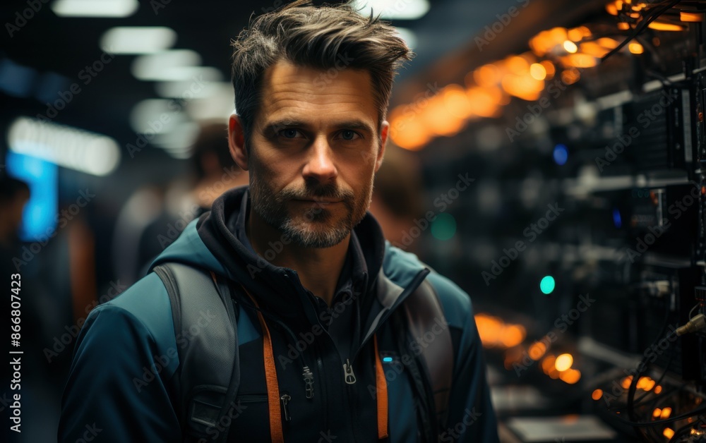A server administrator in a data center, in a blue jacket, focused on camera. Glowing lights on server racks create urgency and focus A server administrator in a data center, in a blue jacket, focused on camera. Glowing lights on server racks create urgency and focus