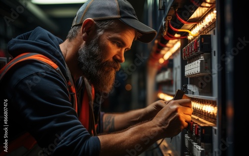 Wallpaper Mural A professional electrician with a beard, wearing a safety vest and cap, carefully inspects an electrical panel Torontodigital.ca